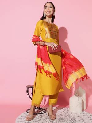 Chinon Fabric Embroidered work Straight cut Kurta, Pant and Dupatta Set 2