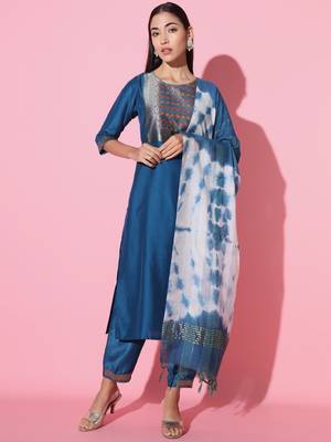 Chinon Fabric Embroidered work Straight cut Kurta, Pant and Dupatta Set 1