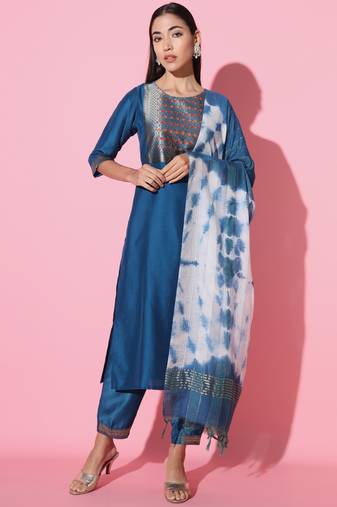 Chinon Fabric Embroidered work Straight cut Kurta, Pant and Dupatta Set
