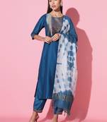 Chinon Fabric Embroidered work Straight cut Kurta, Pant and Dupatta Set