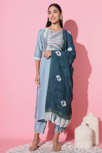 Chinon Fabric Embroidered work Straight cut Kurta, Pant and Dupatta Set