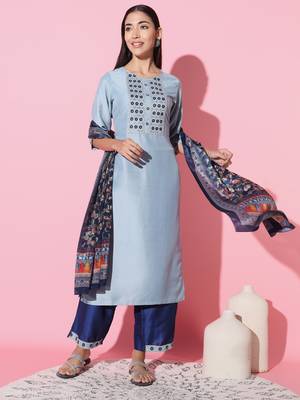Chinon Fabric Embroidered work Straight cut Kurta, Pant and Dupatta Set 1