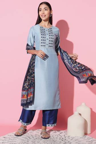 Chinon Fabric Embroidered work Straight cut Kurta, Pant and Dupatta Set
