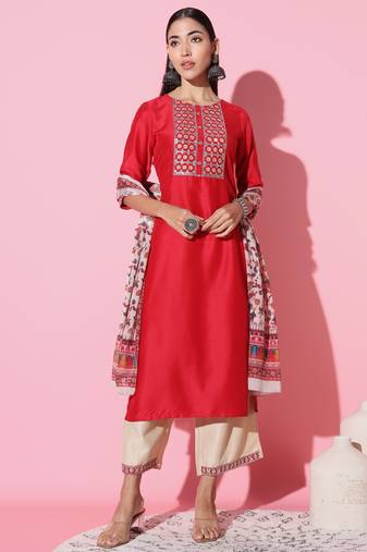 Chinon Fabric Embroidered work Straight cut Kurta, Pant and Dupatta Set