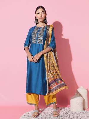 Chinon Fabric Embroidered work Straight cut Kurta, Pant and Dupatta Set 1