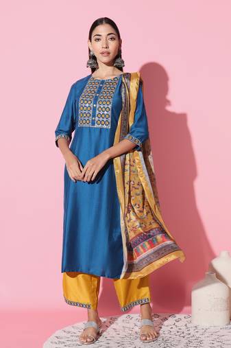 Chinon Fabric Embroidered work Straight cut Kurta, Pant and Dupatta Set