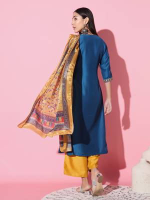 Chinon Fabric Embroidered work Straight cut Kurta, Pant and Dupatta Set 3