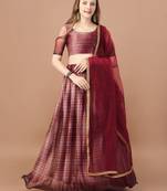 Women's Maroon Digital Printed Pleated Lehenga Blouse With Dupatta