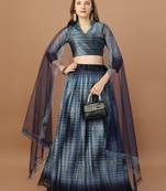 Women's Navy Blue Digital Printed Pleated Lehenga Blouse With Dupatta