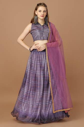 Women's Purple Digital Printed Pleated Lehenga Blouse With Dupatta