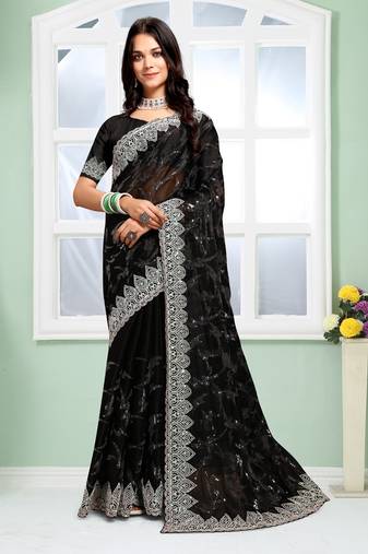 Black dori coding sequence embroidery silk saree