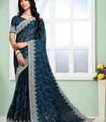 Teal blue dori coding sequence embroidery silk saree