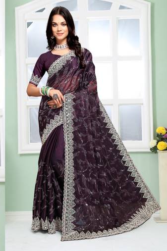 Purple dori coding sequence embroidery silk saree