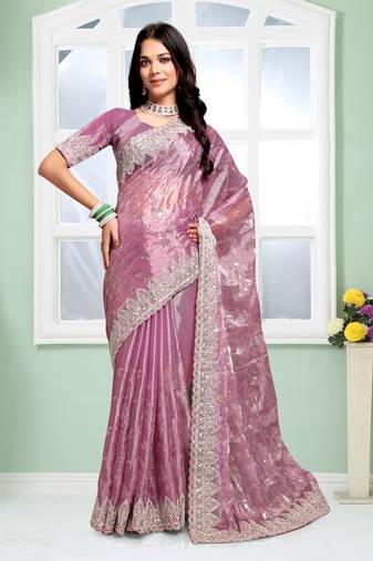 Dusty pink dori coding sequence embroidery silk saree