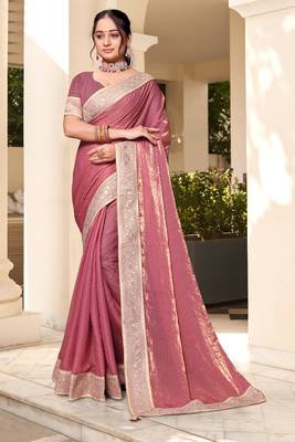 Pink sequence embroidery zarkan border silk saree 1