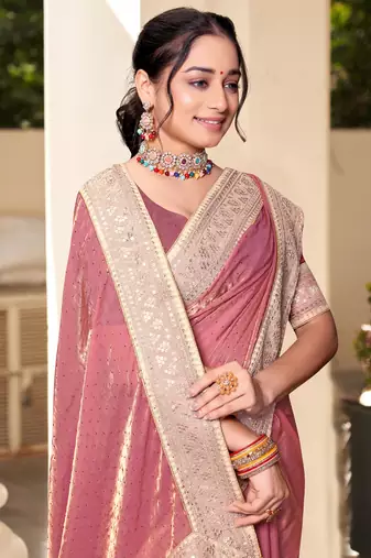 Pink sequence embroidery zarkan border silk saree