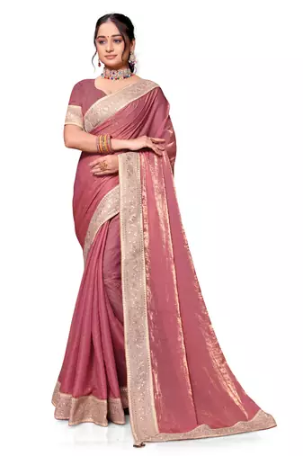 Pink sequence embroidery zarkan border silk saree