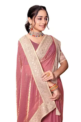 Pink sequence embroidery zarkan border silk saree