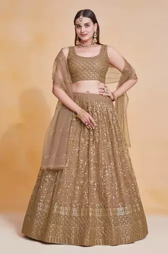 Graceful Soft Net Sequins Zari Embroidery Work Brown Lehenga Choli 