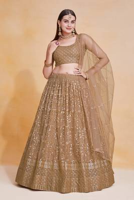 Graceful Soft Net Sequins Zari Embroidery Work Brown Lehenga Choli  1
