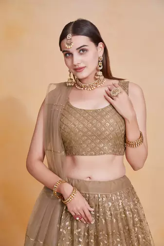 Graceful Soft Net Sequins Zari Embroidery Work Brown Lehenga Choli 
