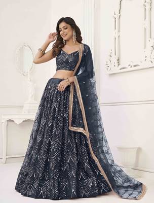 BLACK NET FABRIC LEHENGA CHOLI WITH SEQUINS AND THREAD EMBROIDERY WORK 1