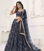 BLACK NET FABRIC LEHENGA CHOLI WITH SEQUINS AND THREAD EMBROIDERY WORK