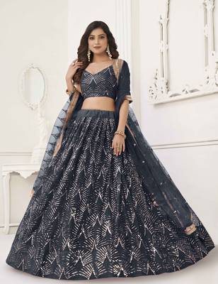 BLACK NET FABRIC LEHENGA CHOLI WITH SEQUINS AND THREAD EMBROIDERY WORK 2