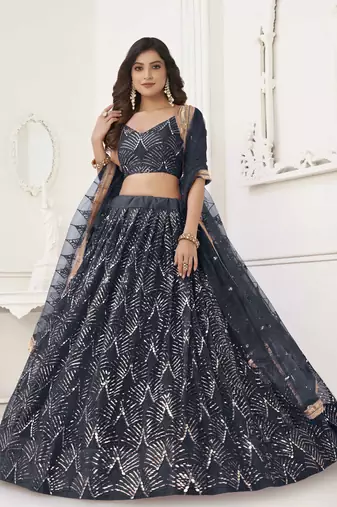 BLACK NET FABRIC LEHENGA CHOLI WITH SEQUINS AND THREAD EMBROIDERY WORK