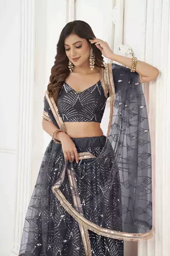 BLACK NET FABRIC LEHENGA CHOLI WITH SEQUINS AND THREAD EMBROIDERY WORK