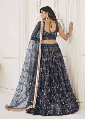 BLACK NET FABRIC LEHENGA CHOLI WITH SEQUINS AND THREAD EMBROIDERY WORK 4