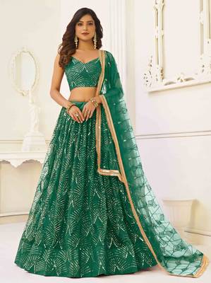 GREEN NET FABRIC LEHENGA CHOLI WITH SEQUINS AND THREAD EMBROIDERY WORK 1
