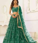 GREEN NET FABRIC LEHENGA CHOLI WITH SEQUINS AND THREAD EMBROIDERY WORK