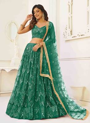 GREEN NET FABRIC LEHENGA CHOLI WITH SEQUINS AND THREAD EMBROIDERY WORK 2