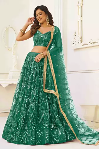 GREEN NET FABRIC LEHENGA CHOLI WITH SEQUINS AND THREAD EMBROIDERY WORK