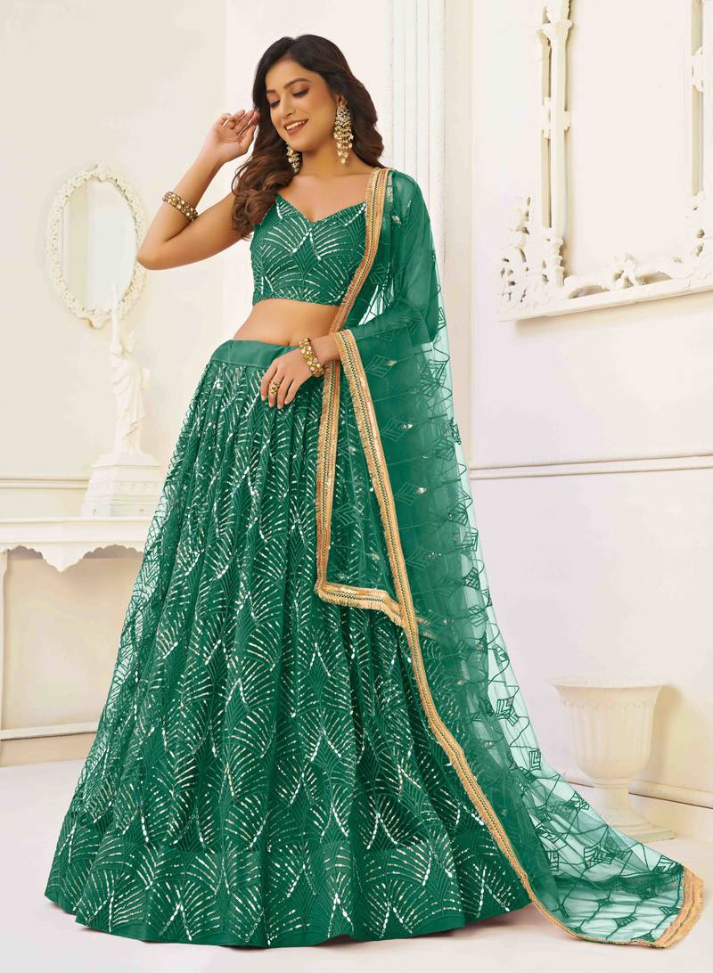 GREEN NET FABRIC LEHENGA CHOLI WITH SEQUINS AND THREAD EMBROIDERY WORK