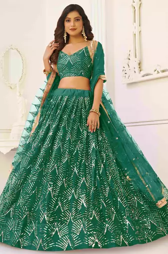 GREEN NET FABRIC LEHENGA CHOLI WITH SEQUINS AND THREAD EMBROIDERY WORK