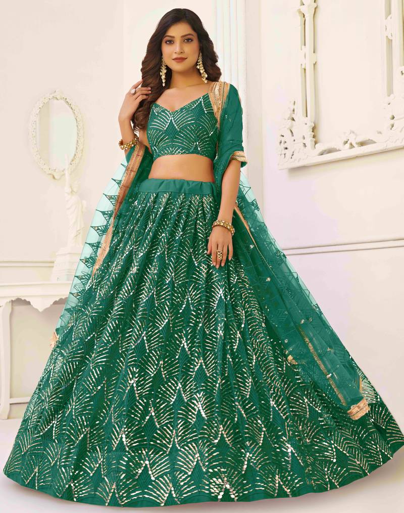 GREEN NET FABRIC LEHENGA CHOLI WITH SEQUINS AND THREAD EMBROIDERY WORK