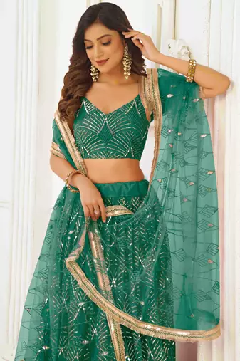 GREEN NET FABRIC LEHENGA CHOLI WITH SEQUINS AND THREAD EMBROIDERY WORK