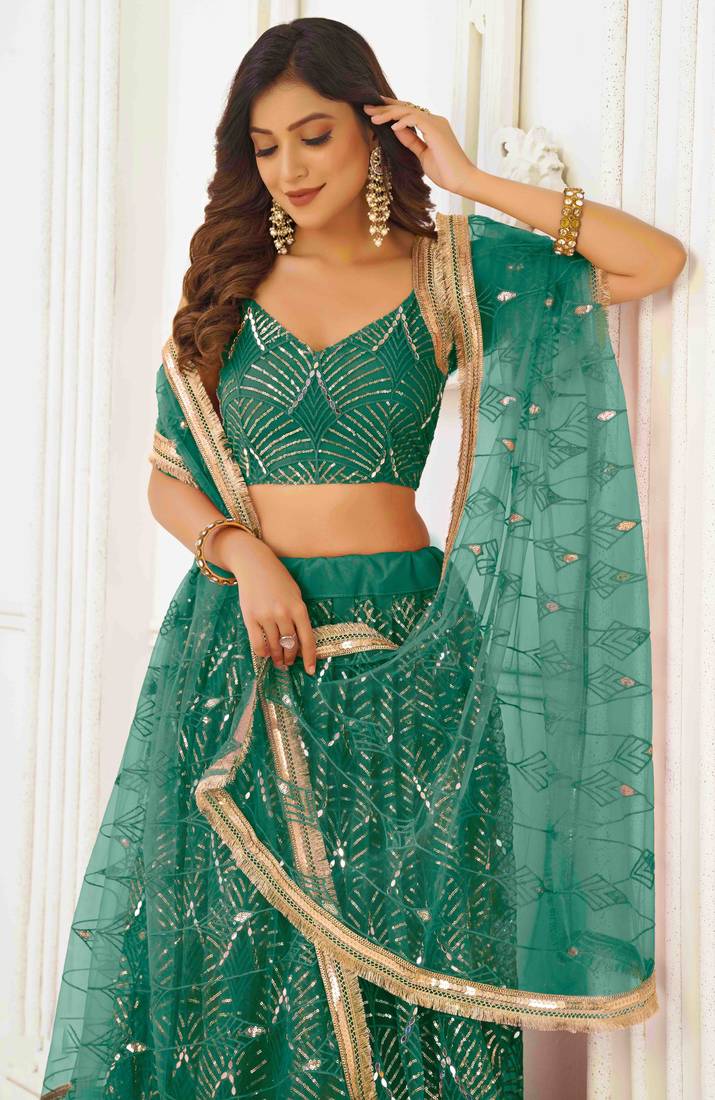 GREEN NET FABRIC LEHENGA CHOLI WITH SEQUINS AND THREAD EMBROIDERY WORK