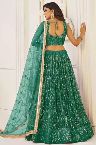 GREEN NET FABRIC LEHENGA CHOLI WITH SEQUINS AND THREAD EMBROIDERY WORK