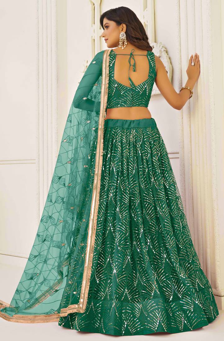 GREEN NET FABRIC LEHENGA CHOLI WITH SEQUINS AND THREAD EMBROIDERY WORK