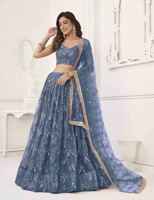 NET FABRIC LEHENGA CHOLI WITH SEQUINS AND THREAD EMBROIDERY WORK 2