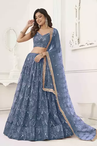 NET FABRIC LEHENGA CHOLI WITH SEQUINS AND THREAD EMBROIDERY WORK