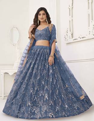 NET FABRIC LEHENGA CHOLI WITH SEQUINS AND THREAD EMBROIDERY WORK 3