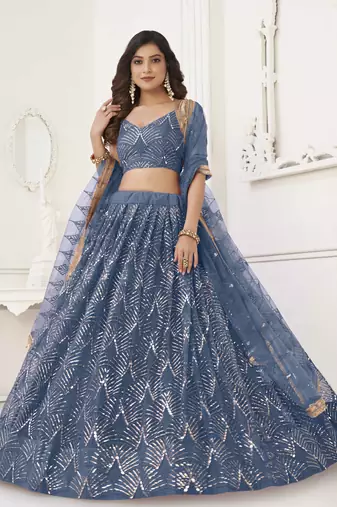 NET FABRIC LEHENGA CHOLI WITH SEQUINS AND THREAD EMBROIDERY WORK