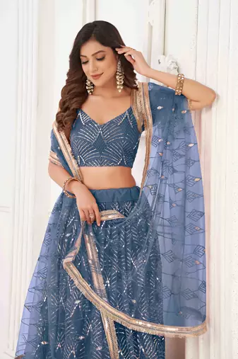NET FABRIC LEHENGA CHOLI WITH SEQUINS AND THREAD EMBROIDERY WORK