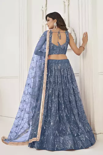 NET FABRIC LEHENGA CHOLI WITH SEQUINS AND THREAD EMBROIDERY WORK