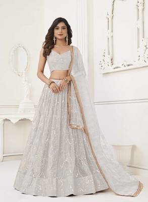 OFF WHITE  NET FABRIC LEHENGA CHOLI WITH SEQUINS AND THREAD EMBROIDERY WORK 1