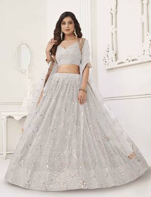 OFF WHITE  NET FABRIC LEHENGA CHOLI WITH SEQUINS AND THREAD EMBROIDERY WORK 3